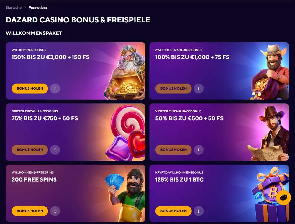 Aktionsseite des Dazard Casinos mit dem Willkommenspaket