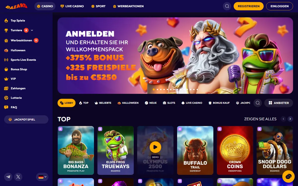Lobby des Dazard Casinos mit den Spielreihen Top und Beliebt