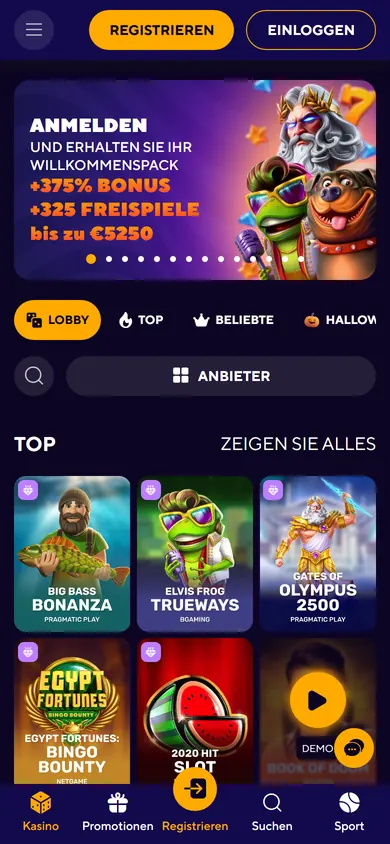 Dazard Casino auf dem Handy im Browser