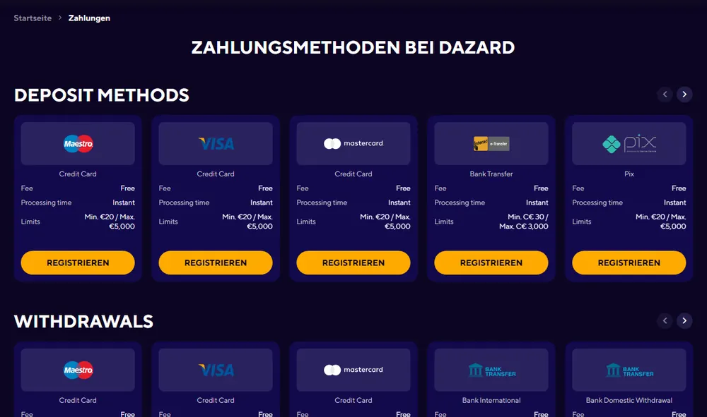 Zahlungsseite des Dazard Casinos mit Karten und Limits
